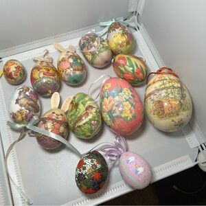 Set Of 14 Vintage Decoupage Easter Eggs Paper Mache Decoration Ornaments Bunny